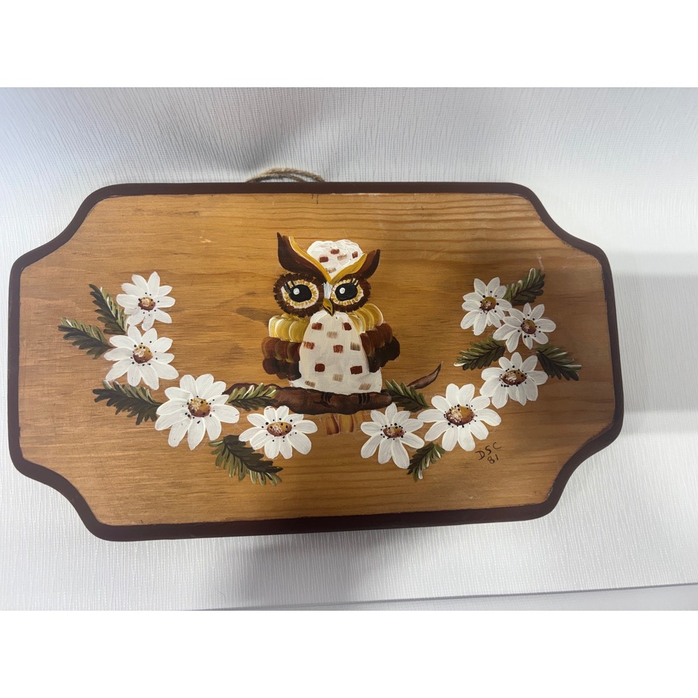 Vintage 1981 Hand Painted Wood Owl Wall Plaque Rands Crafts Wood Shop Folk Art